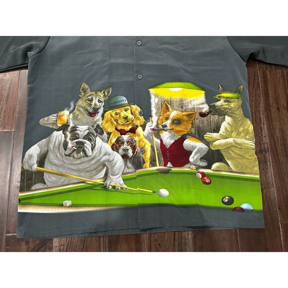 Dragonfly Dogs Playing Billiards Button Front Shirt Gray Green Sz XXL Novelty - Picture 6 of 10